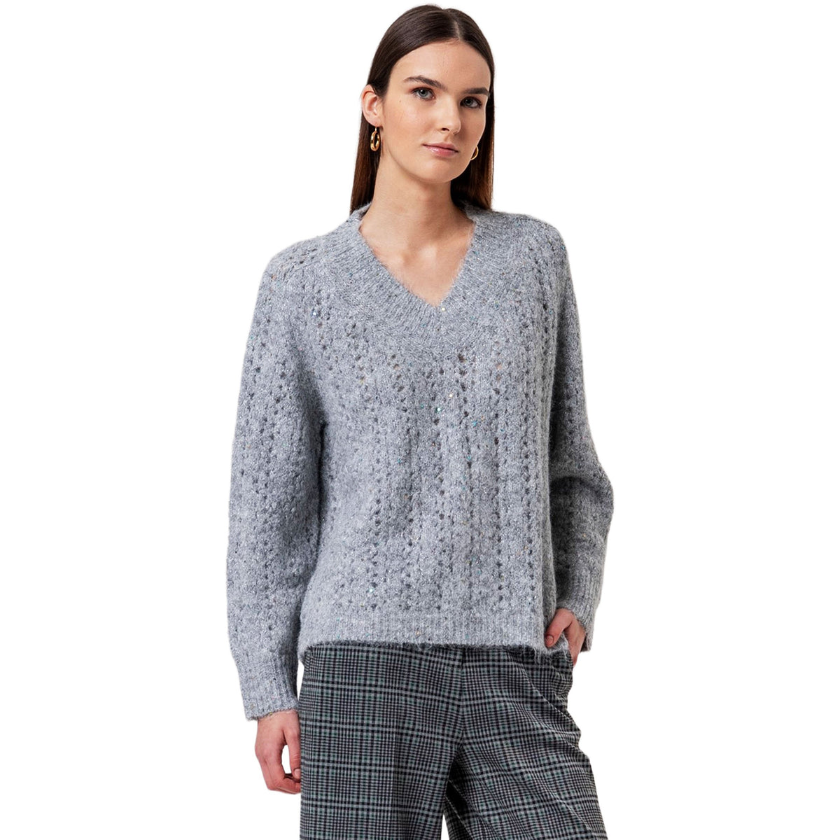 SURKANA Maglione con scollo a V e paillettes Grigio Chiaro