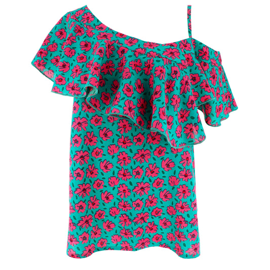 Top Donna KARAKORUM Cosima Fucsia e Turchese Floreale Monospalla con Volant