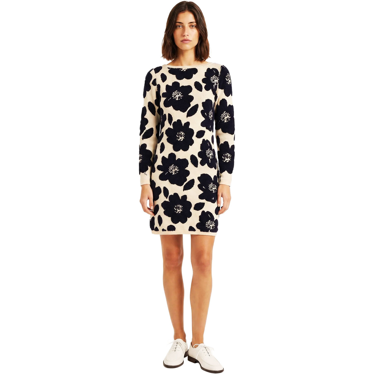 PEPALOVES Abito in Maglia Jacquard Floreale Beige e Nero