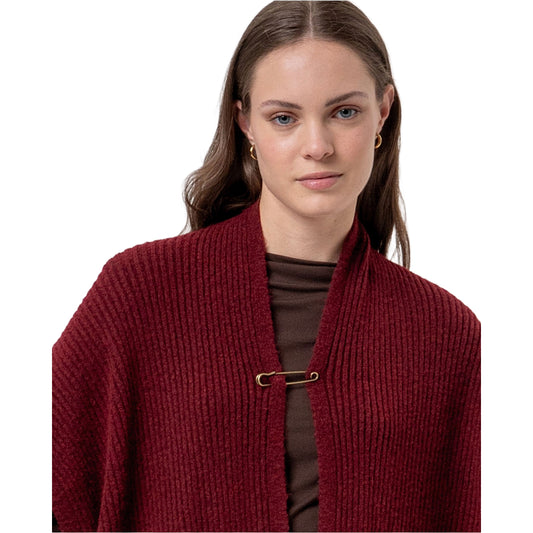 SURKANA Poncho in Maglia a Coste con Collo a Scialle Granata