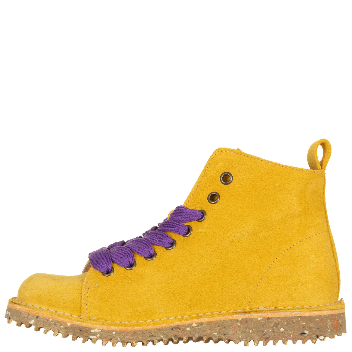ATXA Yellow Suede Boots with Purple Laces
