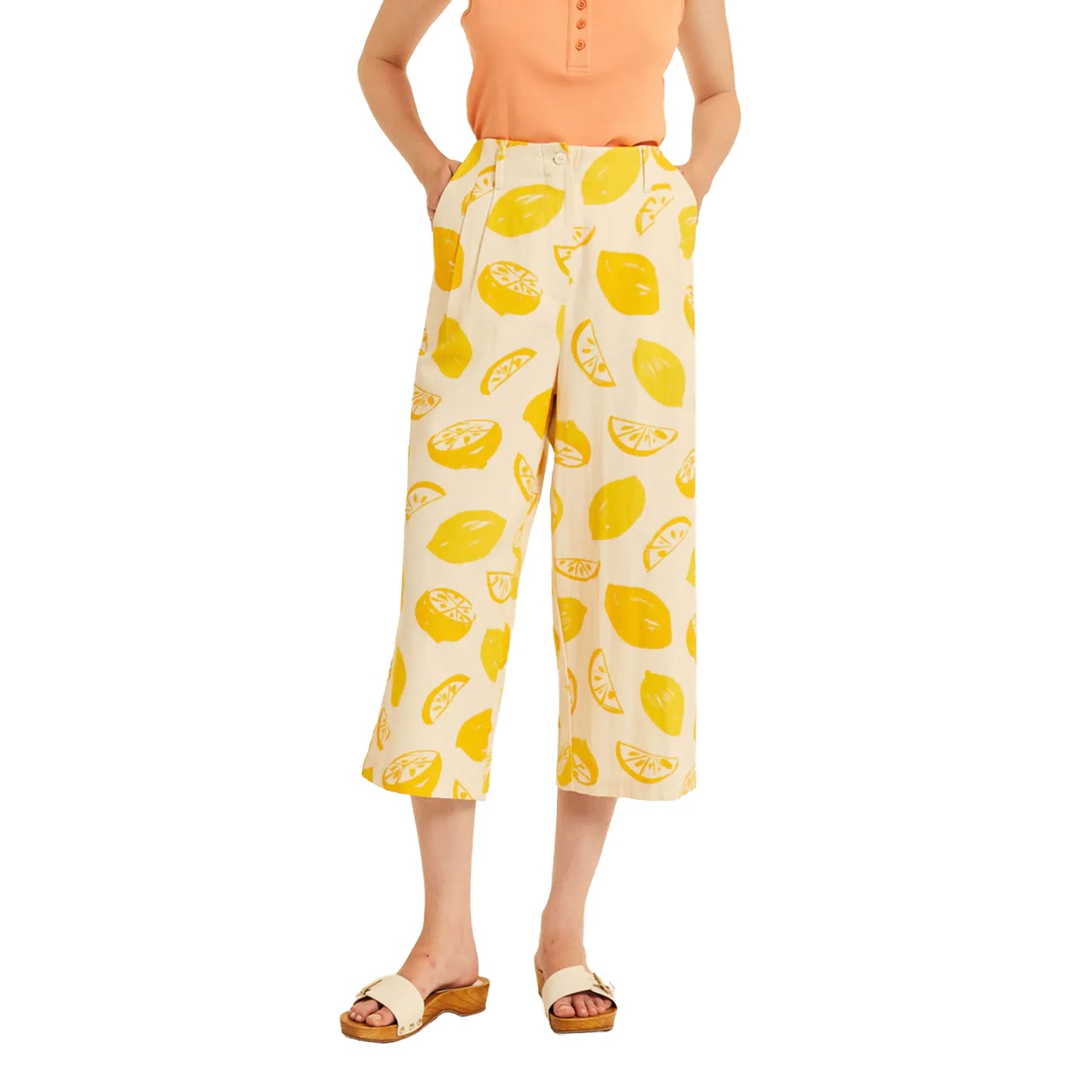 PEPALOVES Pantaloni Cropped con Limoni Bianco e Giallo