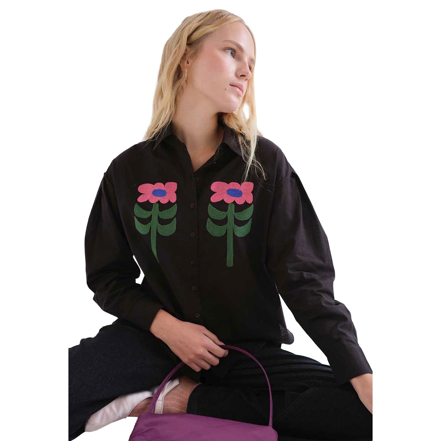 COMPAÑÍA FANTÁSTICA Camicia Nera con ricamo Neo Garden