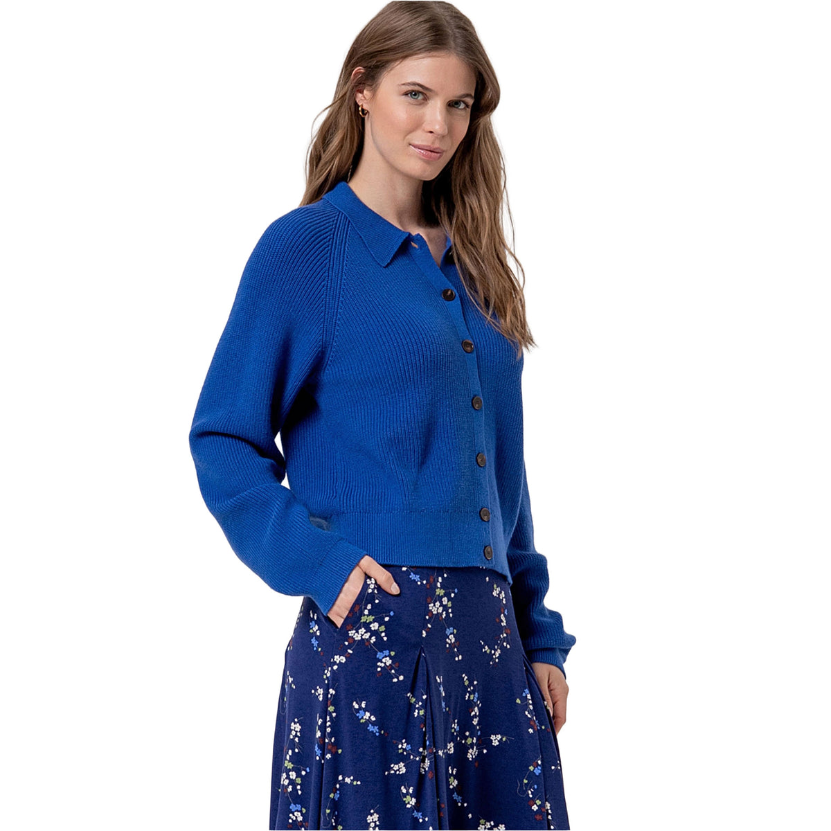SURKANA Cardigan in Maglia con Collo a Camicia Blu Cobalto