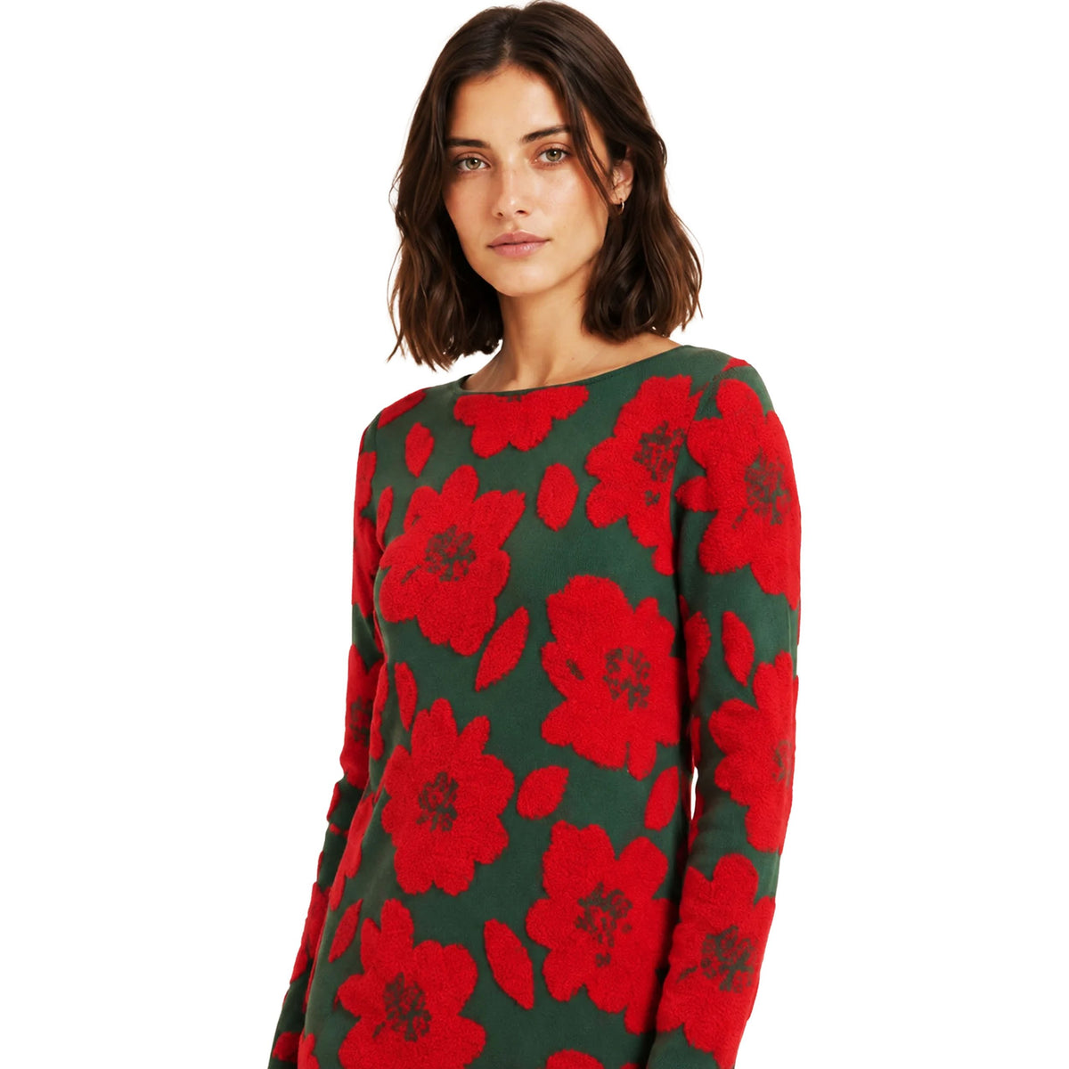 PEPALOVES Abito in Maglia Jacquard Floreale Verde e Rosso