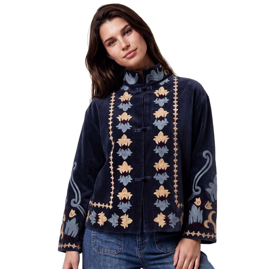 SURKANA Giacca Mandarin in velluto blu con ricami beige e azzurri