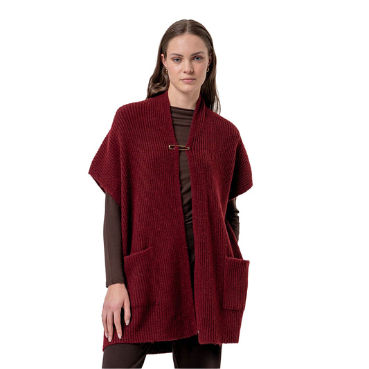 SURKANA Poncho in Maglia a Coste con Collo a Scialle Granata
