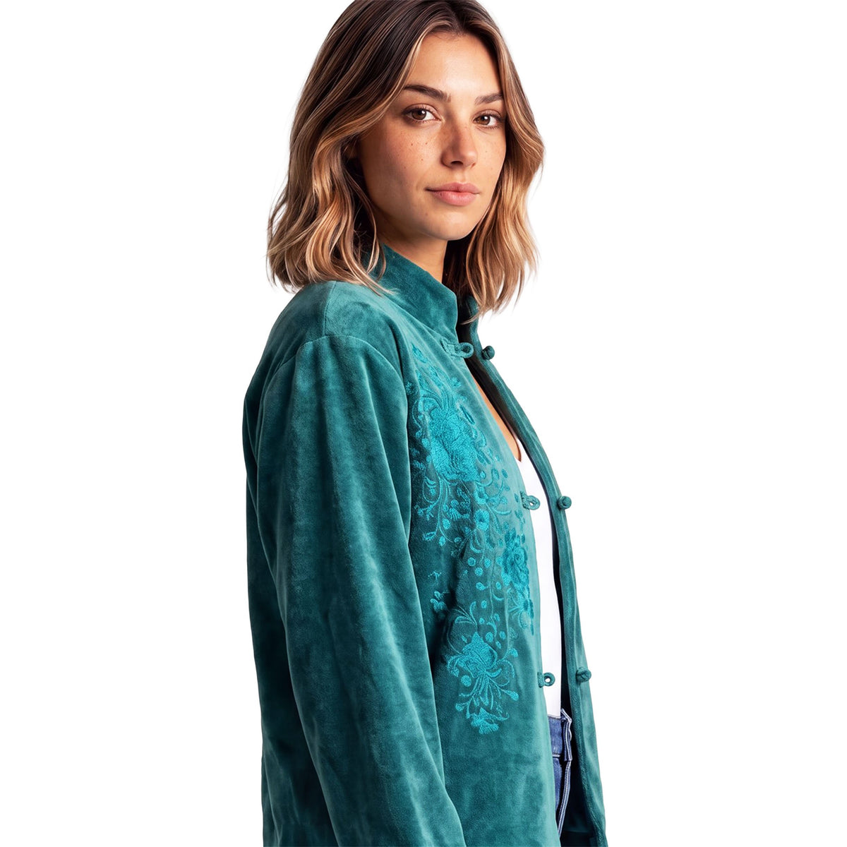 SURKANA Giacca Mandarin in velluto smeraldo con ricami tono su tono