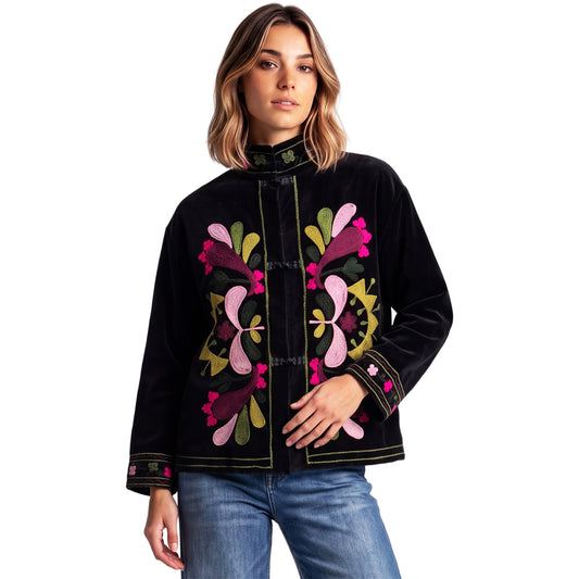 SURKANA Giacca Mandarin in velluto nero con ricami multicolore