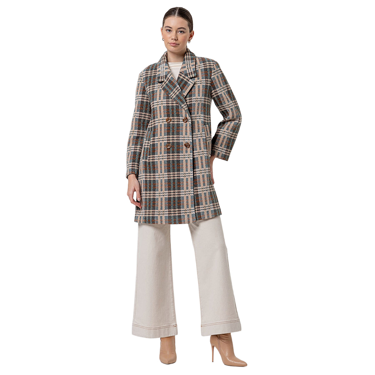 SURKANA Cappotto Midi Doppiopetto a Quadri Camel
