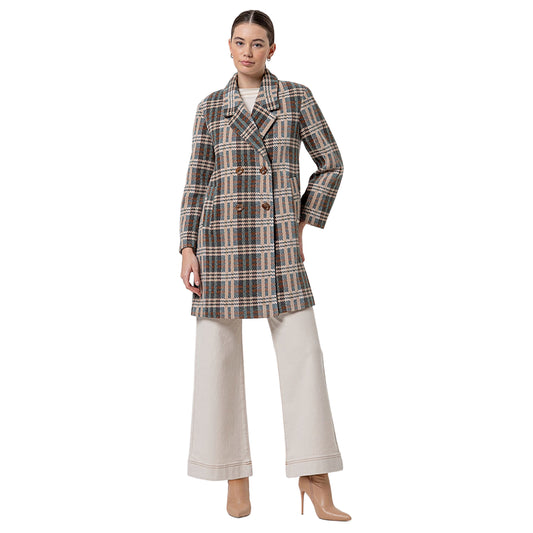 SURKANA Cappotto Midi Doppiopetto a Quadri Camel