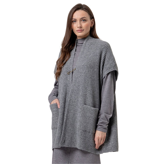 SURKANA Poncho in Maglia a Coste con Collo a Scialle Grigio Melange