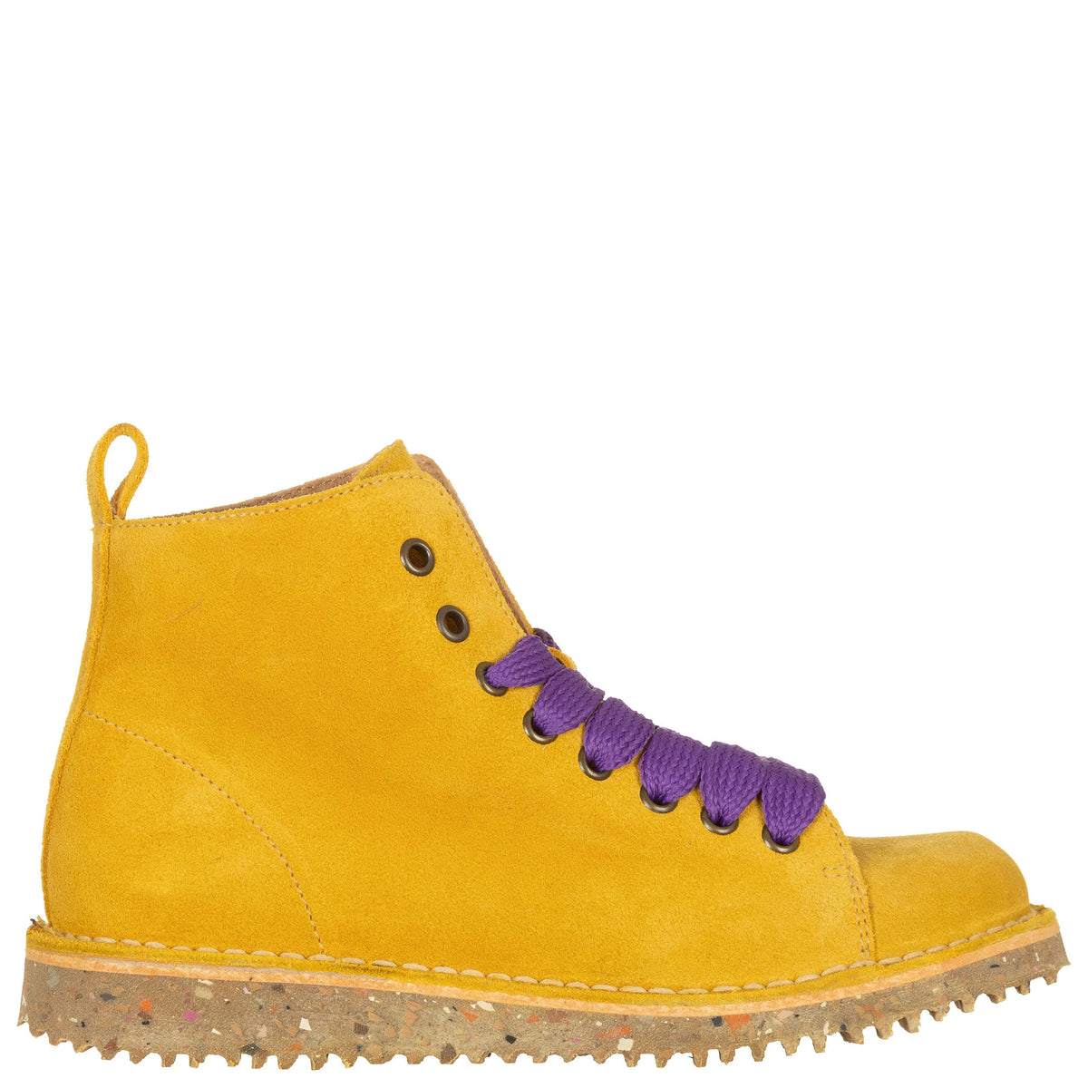 ATXA Yellow Suede Boots with Purple Laces