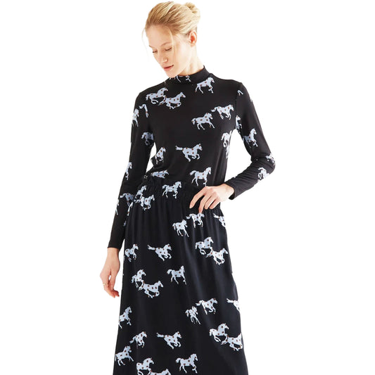 COMPAÑÍA FANTÁSTICA Maglia nera con stampa Horse azzurro