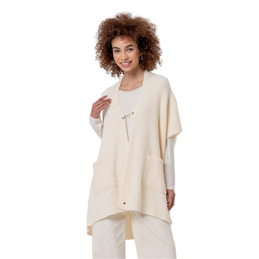 SURKANA Poncho in Maglia a Coste con Collo a Scialle Crudo