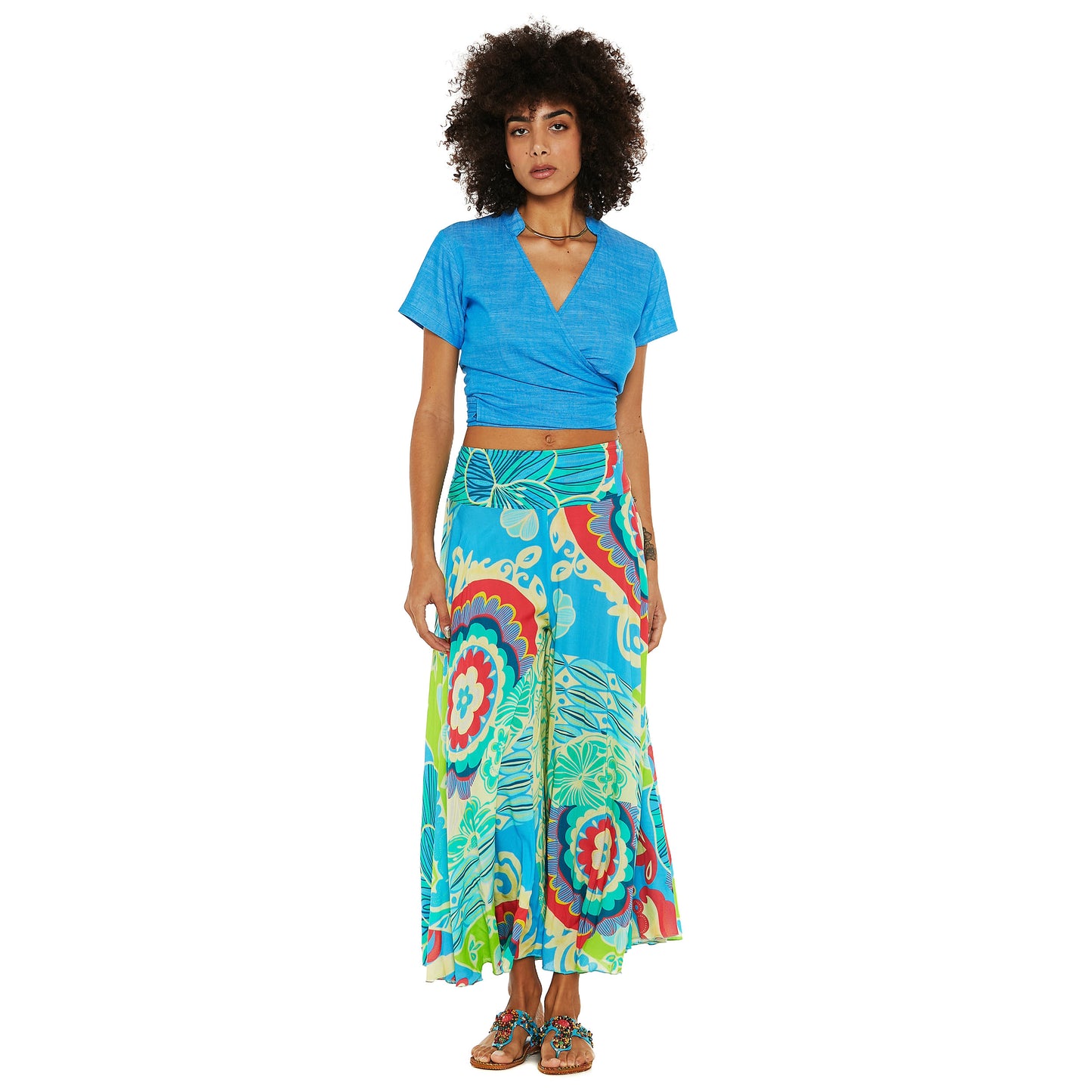 BABA DESIGN - Pantaloni larghi cropped MYSTIC LAGOON