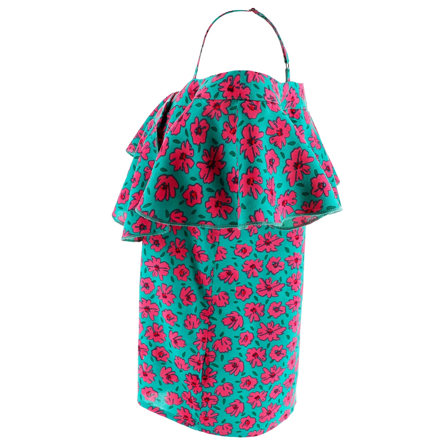 Top Donna KARAKORUM Cosima Fucsia e Turchese Floreale Monospalla con Volant