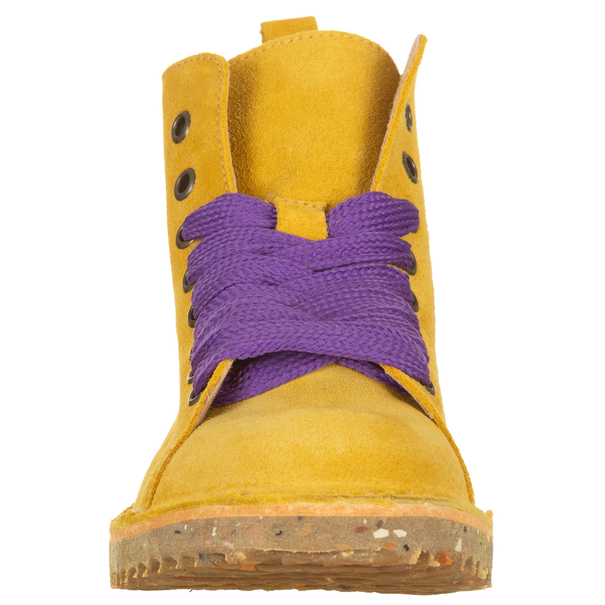 ATXA Yellow Suede Boots with Purple Laces