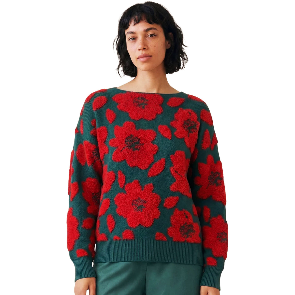 PEPALOVES Maglia Jersey Floral Verde e RossoMaglione a fantasia floreale
