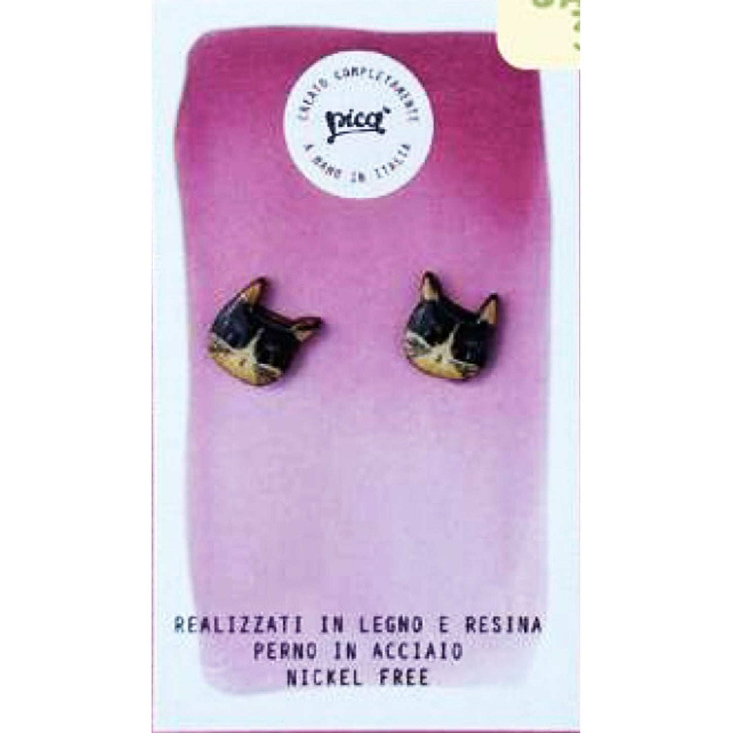 Picà - Orecchini in legno e resina con gatto Bicolor